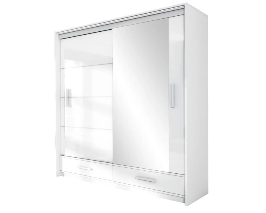 Weißer Kleiderschrank mit Schiebetüren, großer Spiegelfläche und zwei praktischen Schubfächern.