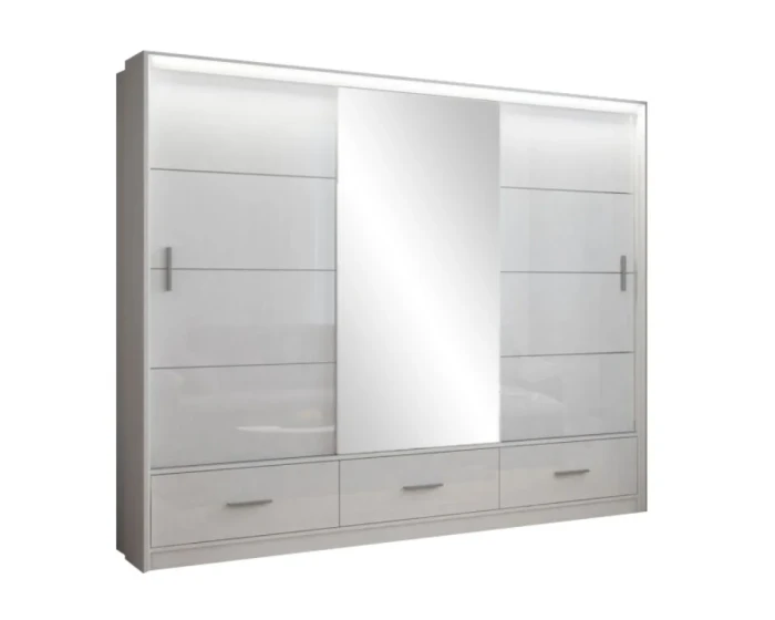 Modern white sliding door wardrobe with three doors, mirror and integrated drawer elements.