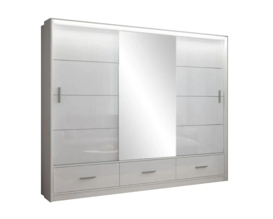 Modern white sliding door wardrobe with three doors, mirror and integrated drawer elements.