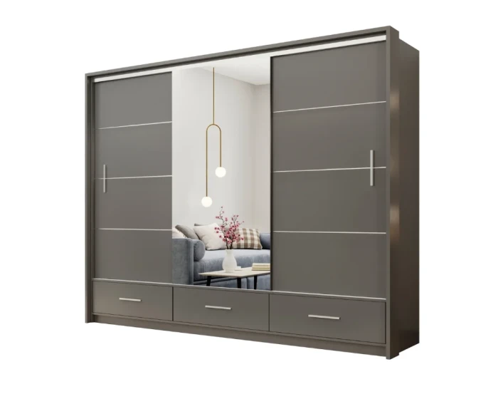 Moderner grauer Schwebetürenschrank mit großem Spiegel und drei praktischen Schubladen.