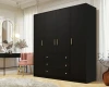 Stilvoller schwarzer Kleiderschrank mit goldenen Griffen in modernem Schlafzimmer.
