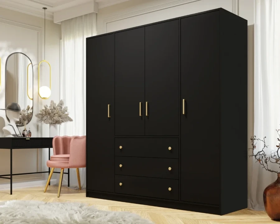 Stilvoller schwarzer Kleiderschrank mit goldenen Griffen in modernem Schlafzimmer.