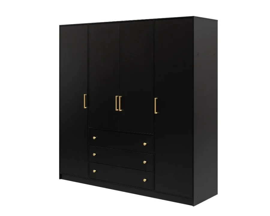 Schwarzer Kleiderschrank mit goldenen Griffen und drei Schubladen.