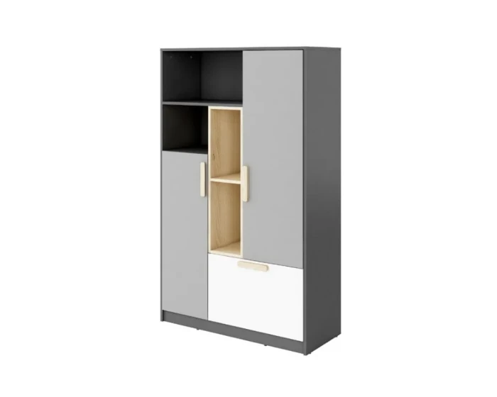 Moderner Kinderzimmerschrank in Grau, Weiß und Eiche mit Türen und offenen Regalfächern.