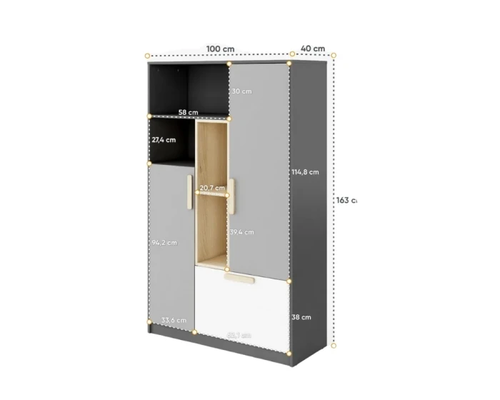 Maßangaben für den Kinderzimmerschrank: Übersicht der Abmessungen in Zentimetern.