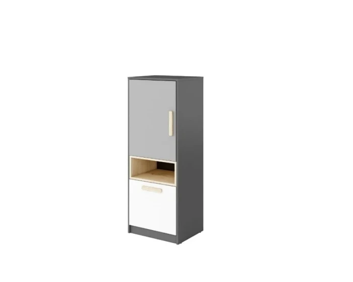 Schmaler grauer Schrank mit weißer Tür und Schublade für das Jugendzimmer.