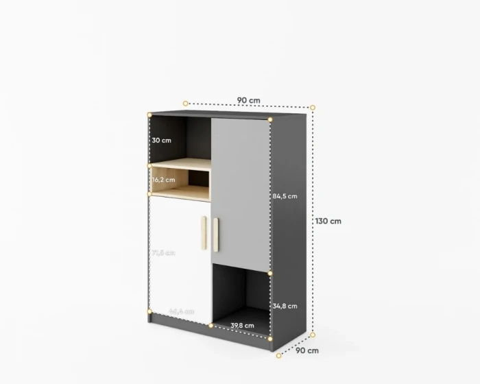 Grauer Kinderzimmer-Schrank mit weißen Türen und Maßen 90x130x40 cm für Ordnung im Zimmer.