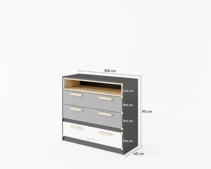 Maße der Kinderzimmer-Kommode: 100 cm Breite, 90 cm Höhe und 40 cm Tiefe in Grau-Weiß.