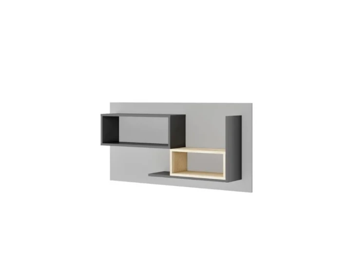 Modernes Wandregal in Grau und Eiche-Optik mit asymmetrischen Fächern.