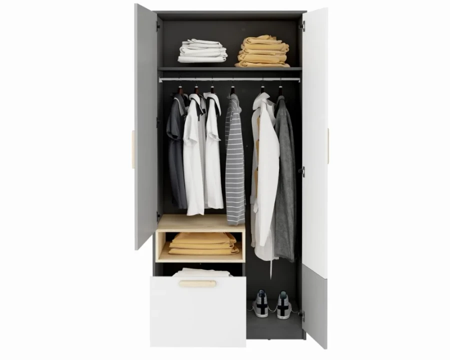 Offener Kleiderschrank für Kinderzimmer in Grau und Weiß mit Kleiderstange und Fächern.