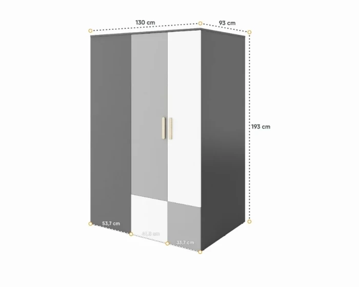 Eckkleiderschrank in Grau und Weiß mit Maßen: 130x93x193 cm für Jugendzimmer.