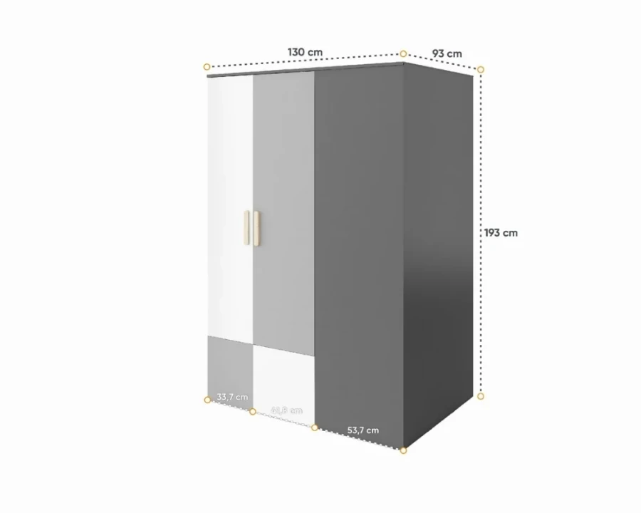 Moderner dreitüriger Eckschrank in verschiedenen Grautönen und Weiß, Maße 130x193 cm.