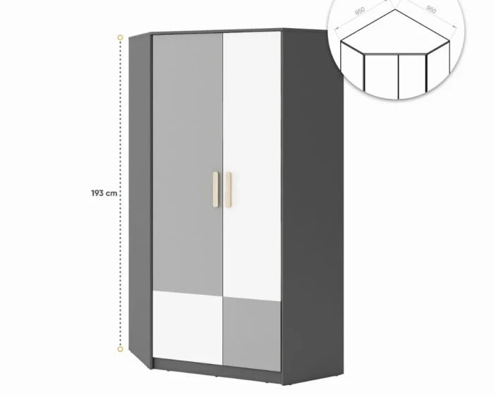 Eckschrank mit technischer Skizze der Eckmaße 95x95 cm und einer Gesamthöhe von 193 cm.