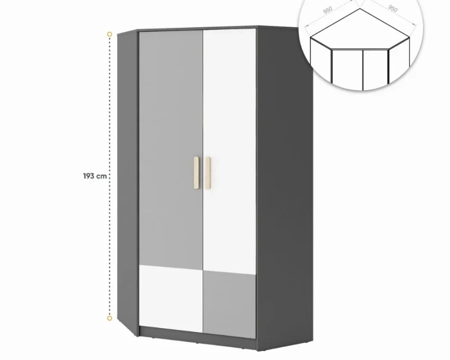 Eckschrank mit technischer Skizze der Eckmaße 95x95 cm und einer Gesamthöhe von 193 cm.