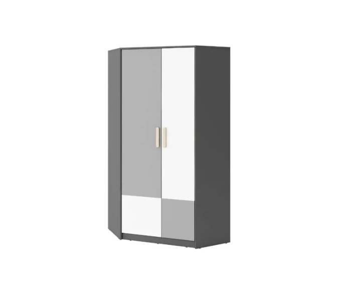 Moderner zweitüriger Kleiderschrank für das Jugendzimmer in Grau und Weiß.