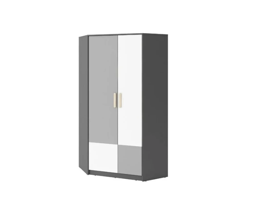Moderner zweitüriger Kleiderschrank für das Jugendzimmer in Grau und Weiß.