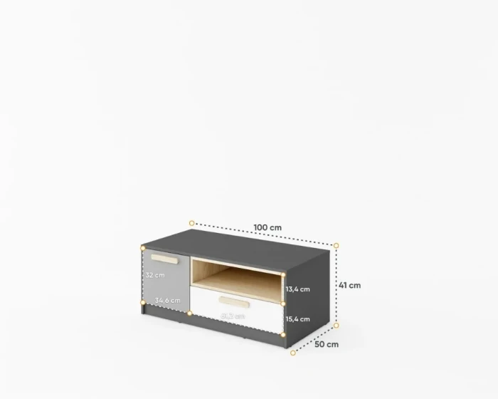 Maße des TV-Lowboards in Grau und Weiß: 100cm Breite, 41cm Höhe.