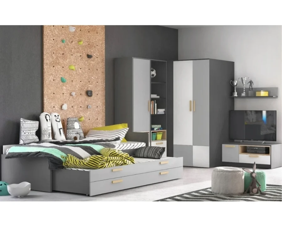 Modernes Jugendzimmer-Komplettset mit Bett, Eckschrank und TV-Unterschrank in Grau.
