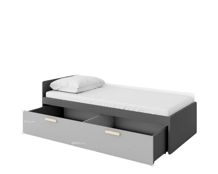 Funktionsbett in Grau mit großem, ausziehbarem Bettkasten für Stauraum im Kinderzimmer.