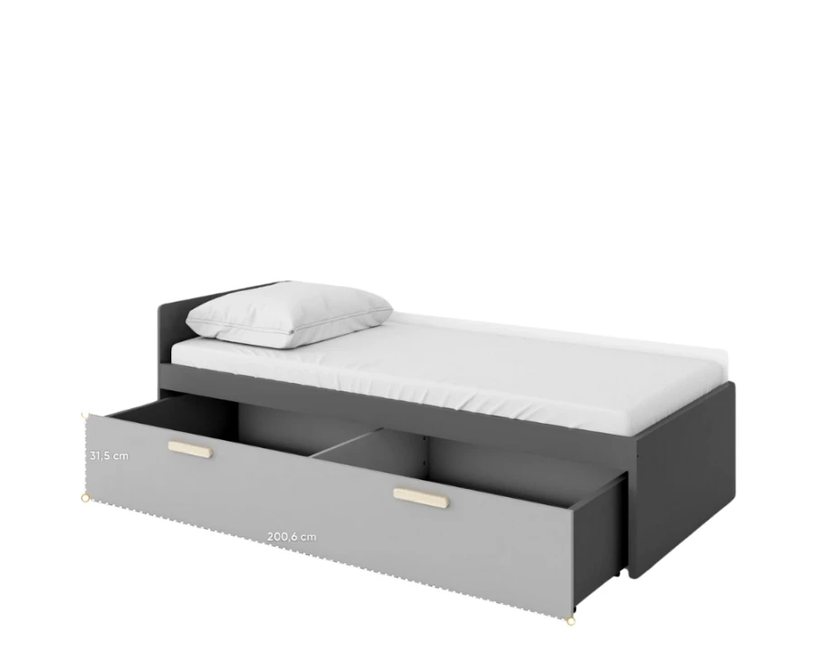 Funktionsbett in Grau mit großem, ausziehbarem Bettkasten für Stauraum im Kinderzimmer.