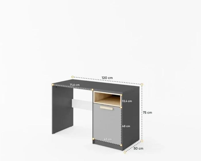 Moderner Kinderschreibtisch in Grau mit Schrankfach, Maße: 120 cm x 75 cm x 50 cm.