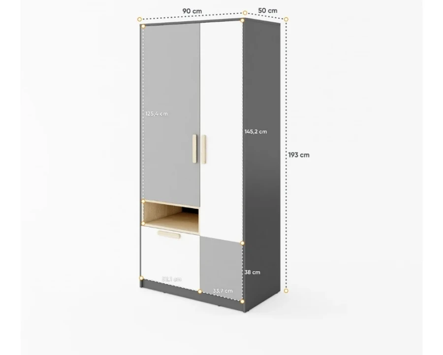 Hoher Kleiderschrank in Grau-Weiß für das Jugendzimmer, Maße: 90 cm x 193 cm x 50 cm.