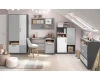 Komplettes Kinderzimmer-Set in Grau und Weiß mit Schreibtisch, Schrank und Kommode.