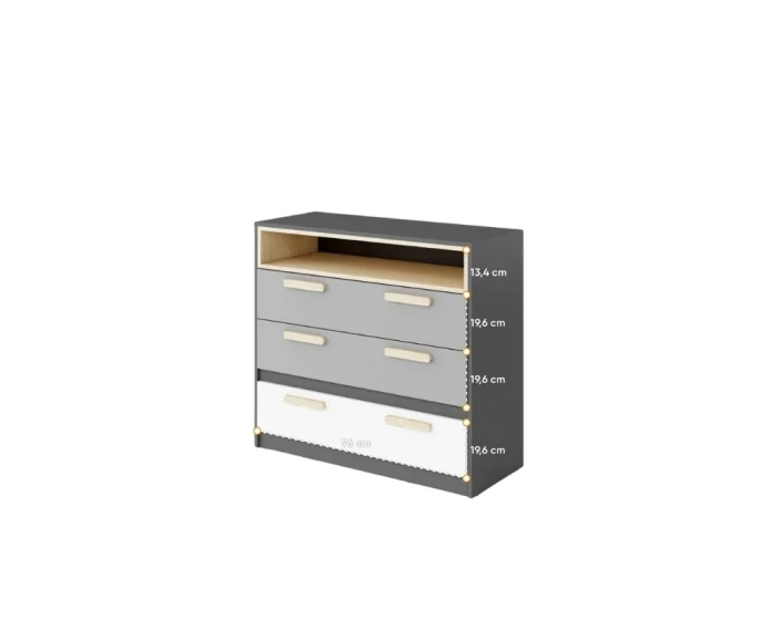 Moderne Kommode in Grau und Weiß mit Holzgriffen und Maßangaben für das Kinderzimmer.