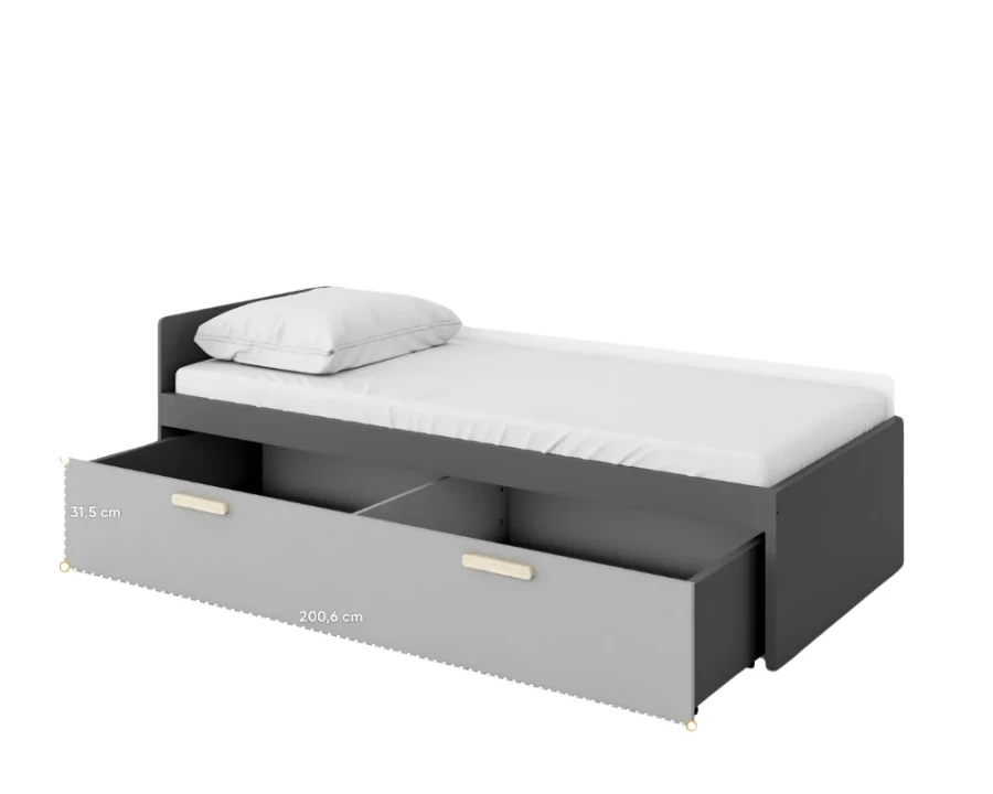 Graues Einzelbett mit großer ausziehbarer Bettschublade und cm-Maßangaben.