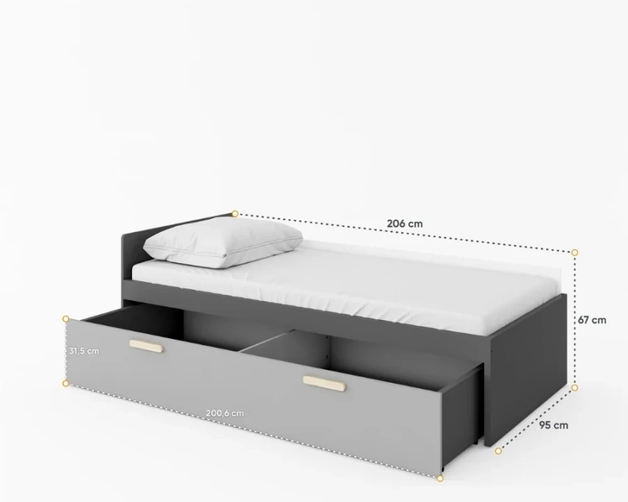 Maße für graues Jugendbett mit großem Bettkasten 206x67x95 cm.