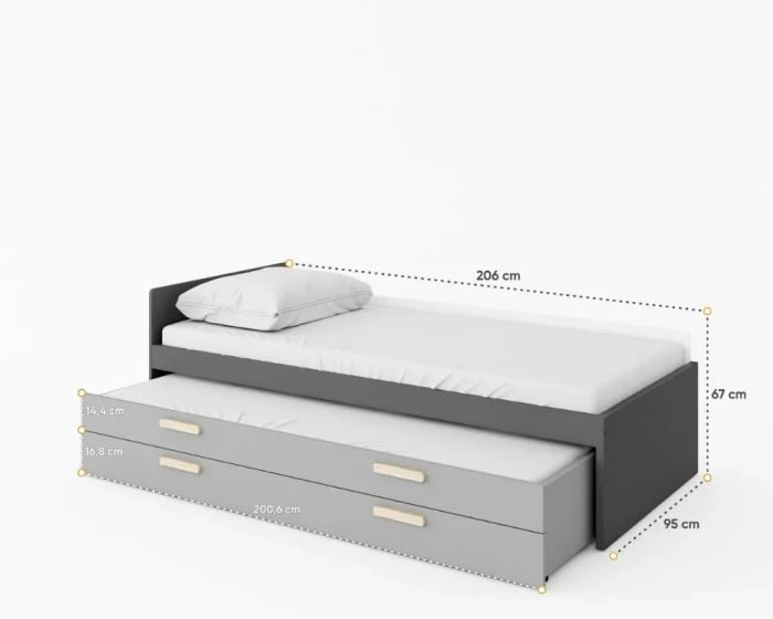 Abmessungen für Funktionsbett mit ausziehbarer zweiter Liegefläche.