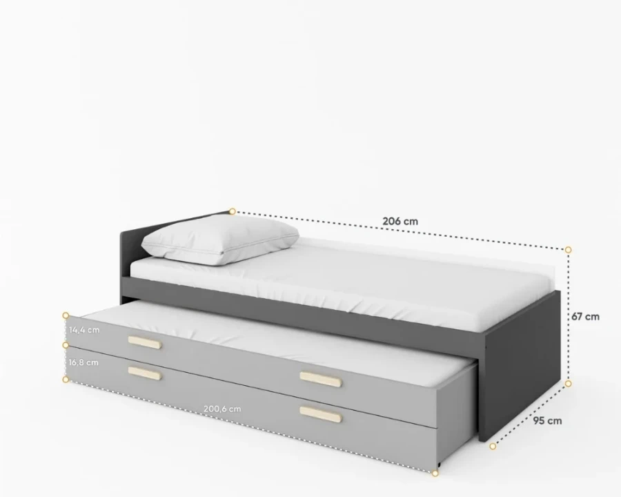 Abmessungen für Funktionsbett mit ausziehbarer zweiter Liegefläche.