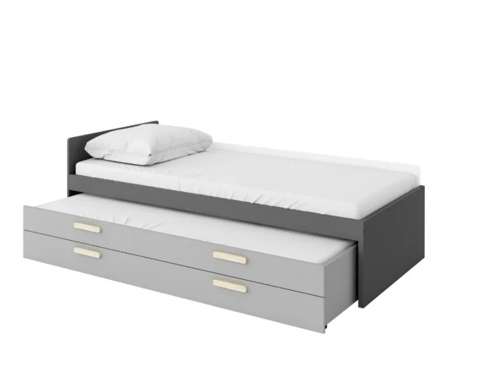 Graues Jugendbett mit ausziehbarem Gästebett in modernem Design.
