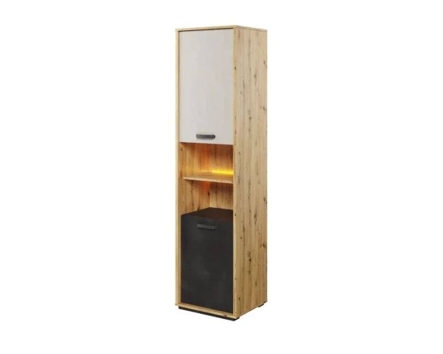 Hoher schmaler Schrank in Eiche-Optik mit weißer und anthrazitfarbener Front und LED-Beleuchtung.