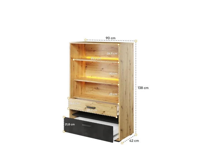 Detaillierte Maße für Regal mit LED-Beleuchtung: 90x138x42 cm in Eiche-Optik.