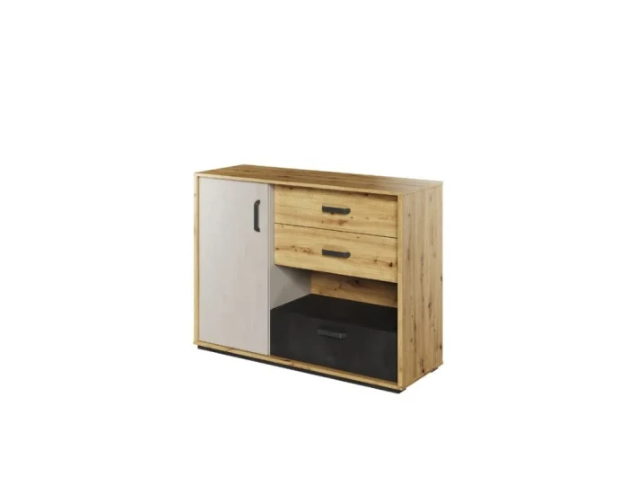 Sideboard in Eiche-Nachbildung mit Fronten in Hellgrau und Anthrazit.