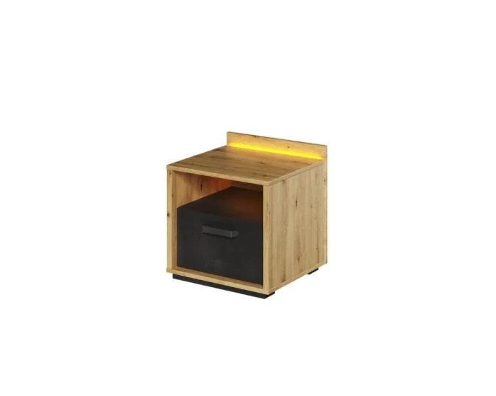 Moderner Nachttisch in Eiche und Anthrazit mit integriertem LED-Lichtstreifen.