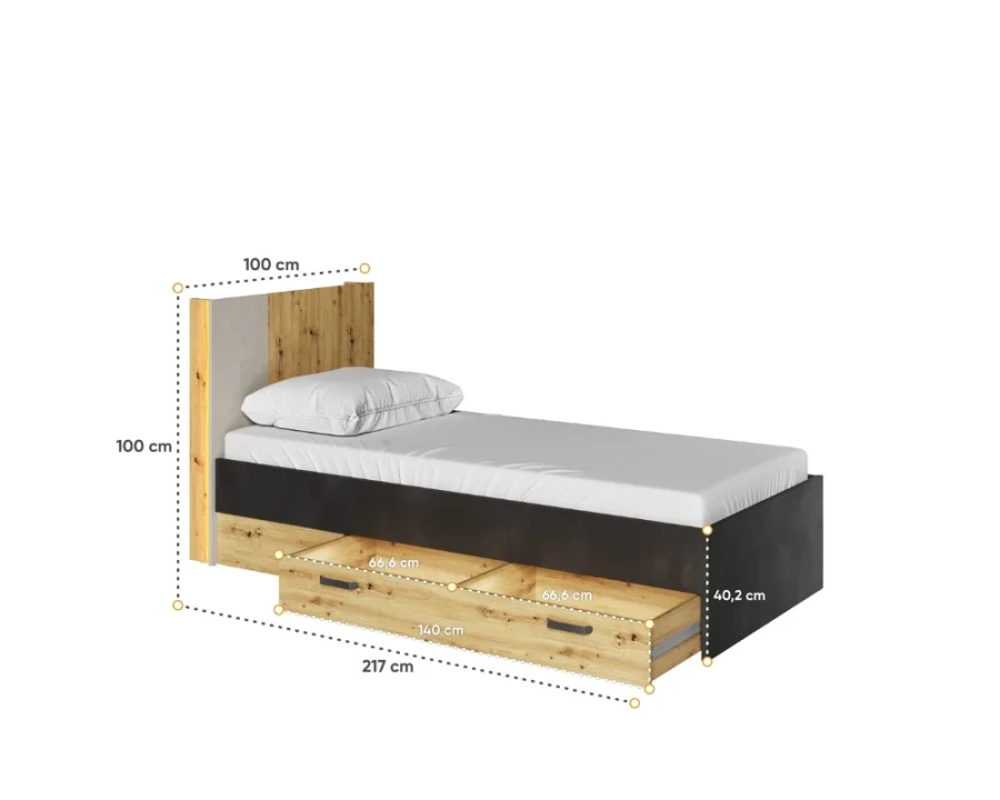 Jugendbett mit Bettkasten und Stauraum, Maße 100x217 cm, Design in Holzoptik und Schwarz.