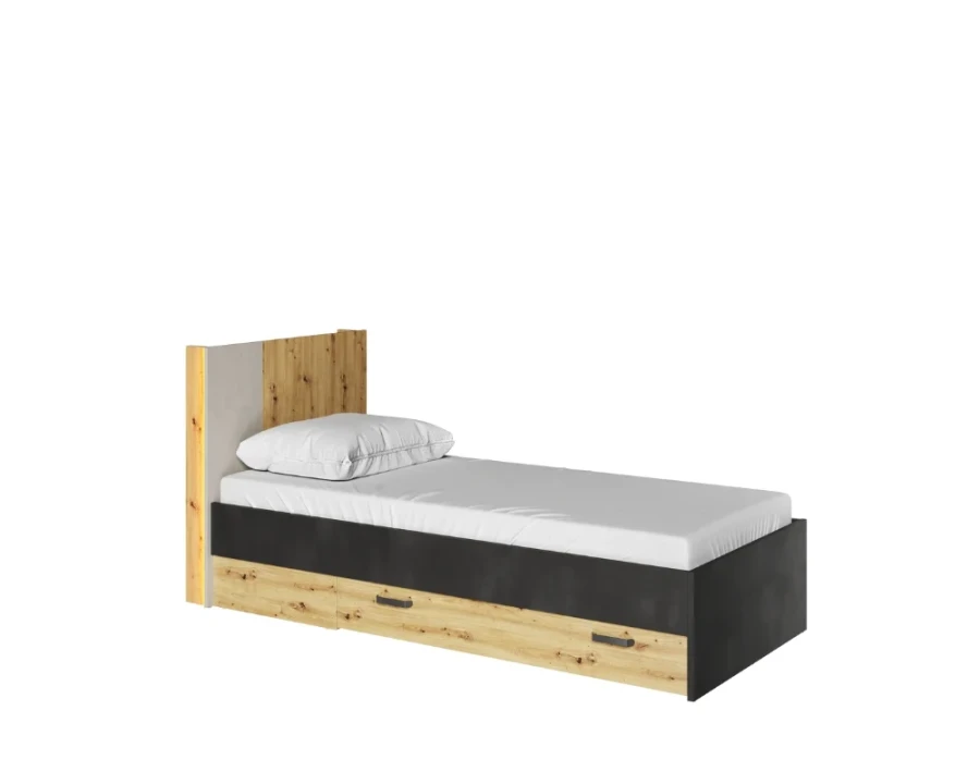 Modernes Einzelbett in Eichen-Optik und Schwarz mit integrierten Schubkästen für das Jugendzimmer.