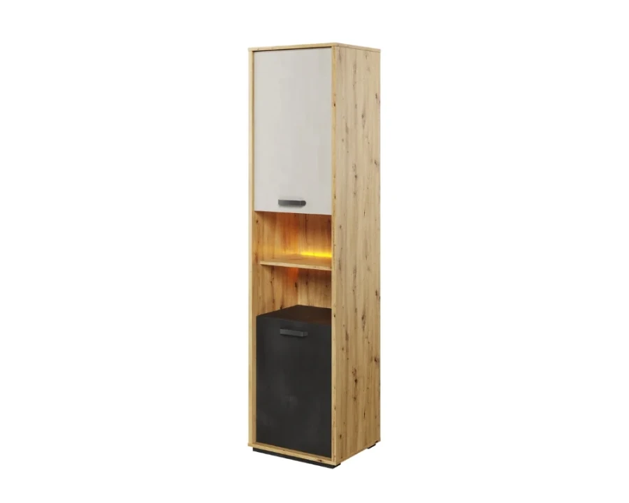 Schmaler Mehrzweckschrank in Eichen-Dekor mit grauen und schwarzen Fronten sowie LED-Beleuchtung.
