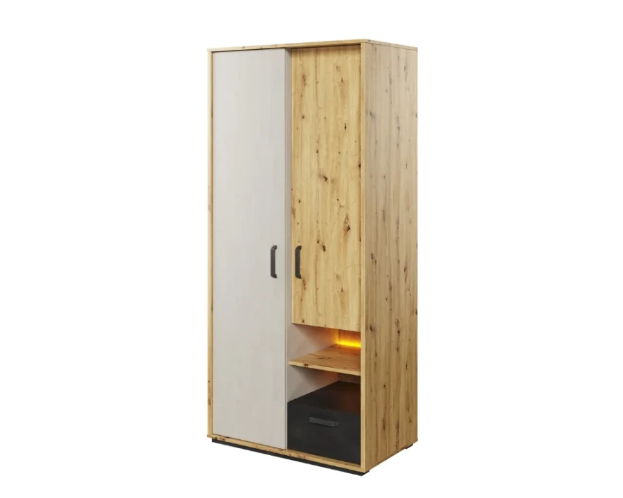 Moderner Kleiderschrank mit zwei Türen, offenem Fach mit LED-Licht und Schublade in Anthrazit.