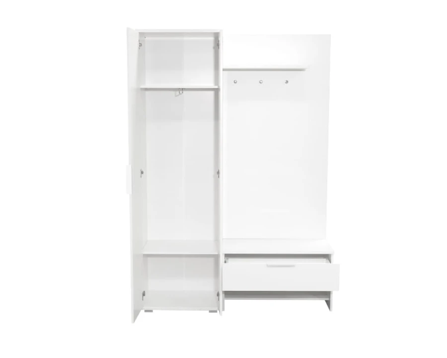 Weißes Garderoben-Set mit offenem Kleiderschrank, Sitzbank und Haken