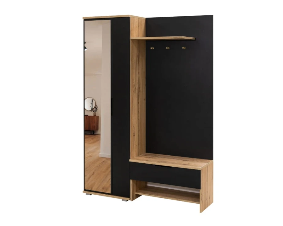 Moderne Garderobe in Eiche-Optik und Schwarz mit Spiegel, Haken und Sitzbank.
