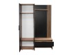 Geöffnete Garderobe mit Stauraum, Kleiderstange und offener Schublade im Lamellen-Design.