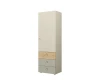 Schmaler Kleiderschrank in Beige und Salbeigrün mit drei Schubladen.