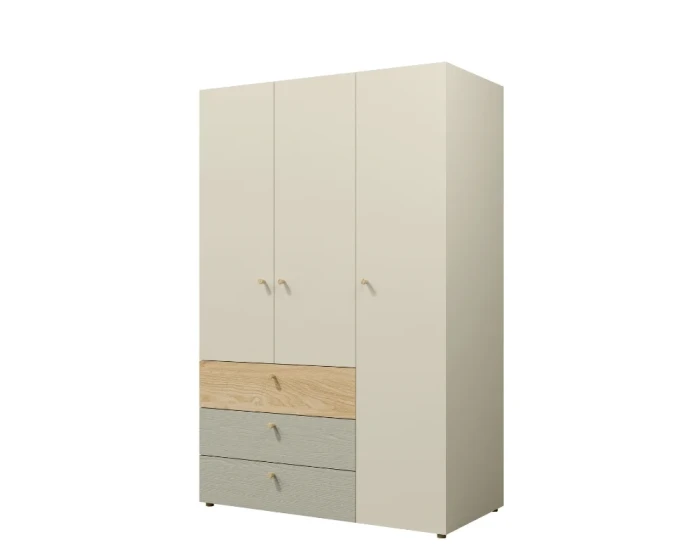 Dreitüriger Kleiderschrank in Weiß und Eiche mit farblich abgesetzten Schubladen.