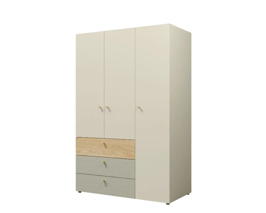 Dreitüriger Kleiderschrank in Weiß und Eiche mit farblich abgesetzten Schubladen.