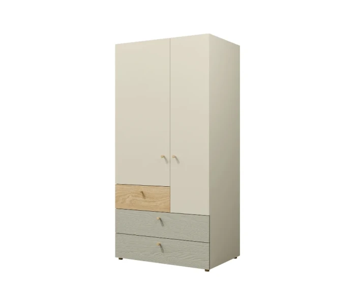 Zweitüriger Kleiderschrank in Weiß und Eiche mit farbigen Schubladen für das Jugendzimmer.