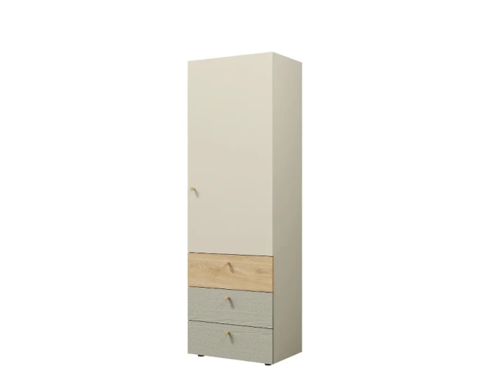 Schmaler Kleiderschrank in Beige mit drei Schubladen in Holzoptik und Grau für Kinderzimmer.