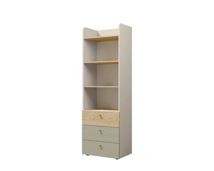 Offenes Bücherregal mit drei Schubladen in Eiche-Optik und Grau für das Jugendzimmer.